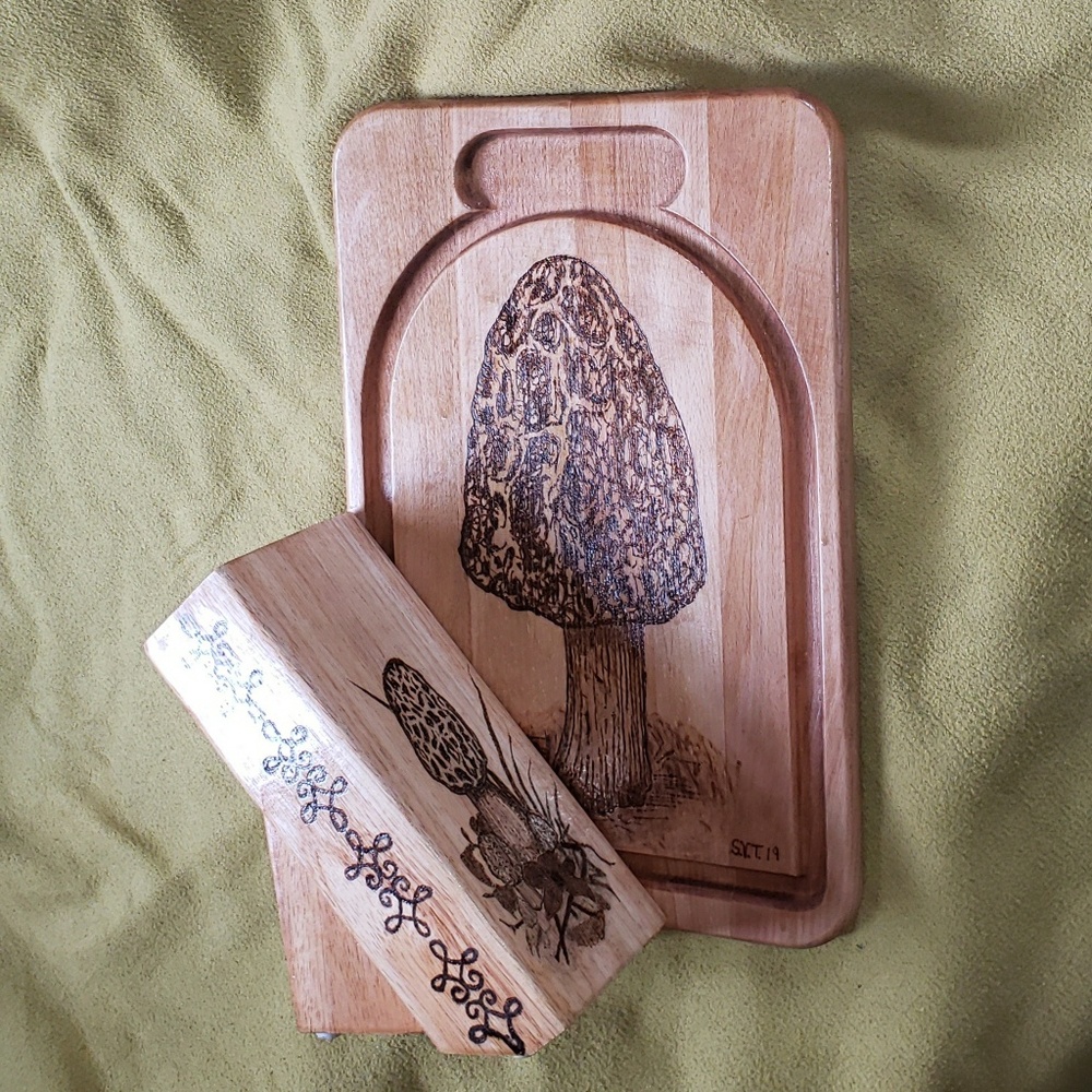 Custom wood burned cutting board and knife block
